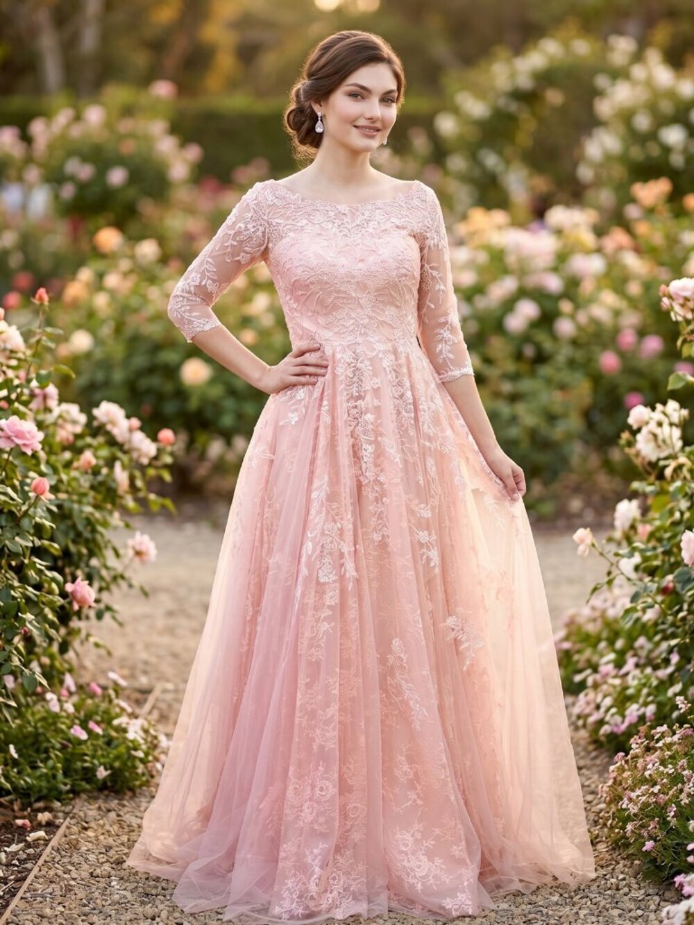 New Blush Elegant Floral Mother Of The Bride Dress w/ 3/4 Sleeves JTM19S